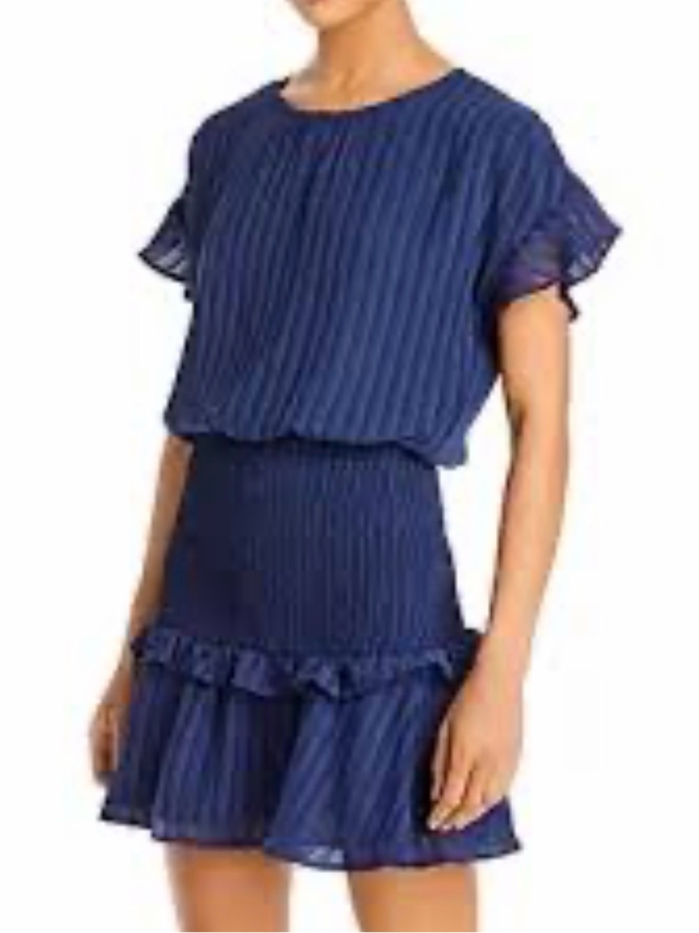 Aqua Navy Blue Smocked Waist Short Sleeve Mini Dress